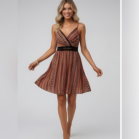 Tribal Print Guipure Lace Insert Cami Dress - Picture 1 of 5